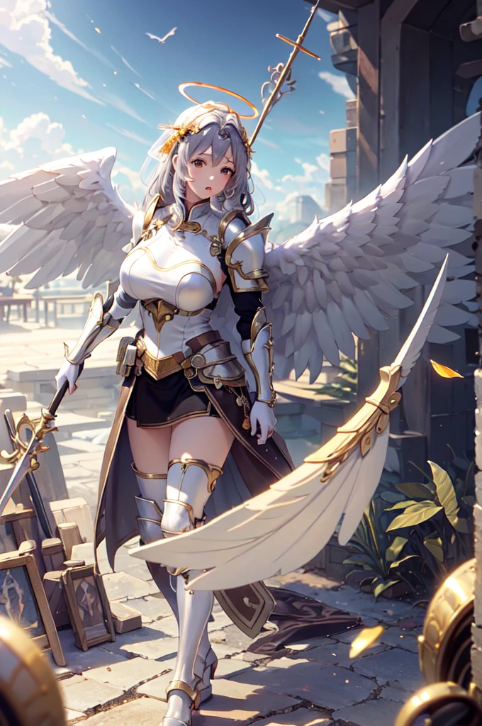 1 Girl,Angel wings,Huge breasts,(Sunlight),(Angel),Dynamic Angle,floating,wing,Halo,floating white silk,(Holy Light),Silver Star,outdoor,Sky,antenna,Chinese weapons,Holding lever arm,spear,fly,flying,Shoulder_armor,Shin_Guard,Oil residue,helmet,armor,, (masterpiece:1,2), best quality, masterpiece, high resolution, The original, Extremely detailed wallpaper, Perfect lighting,(Extremely detailed CG:1.2), drawing, brush