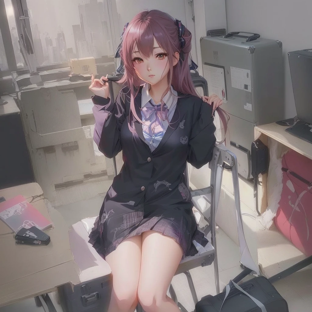 anime girl sitting on a chair in a room with a suitcase, anime style 4 k, guweiz, 4k anime wallpaper, smooth anime cg art, seductive anime girl, beautiful anime high school girl, artwork in the style of guweiz, anime wallpaper 4 k, anime wallpaper 4k, anime art wallpaper 4k, anime art wallpaper 4 k