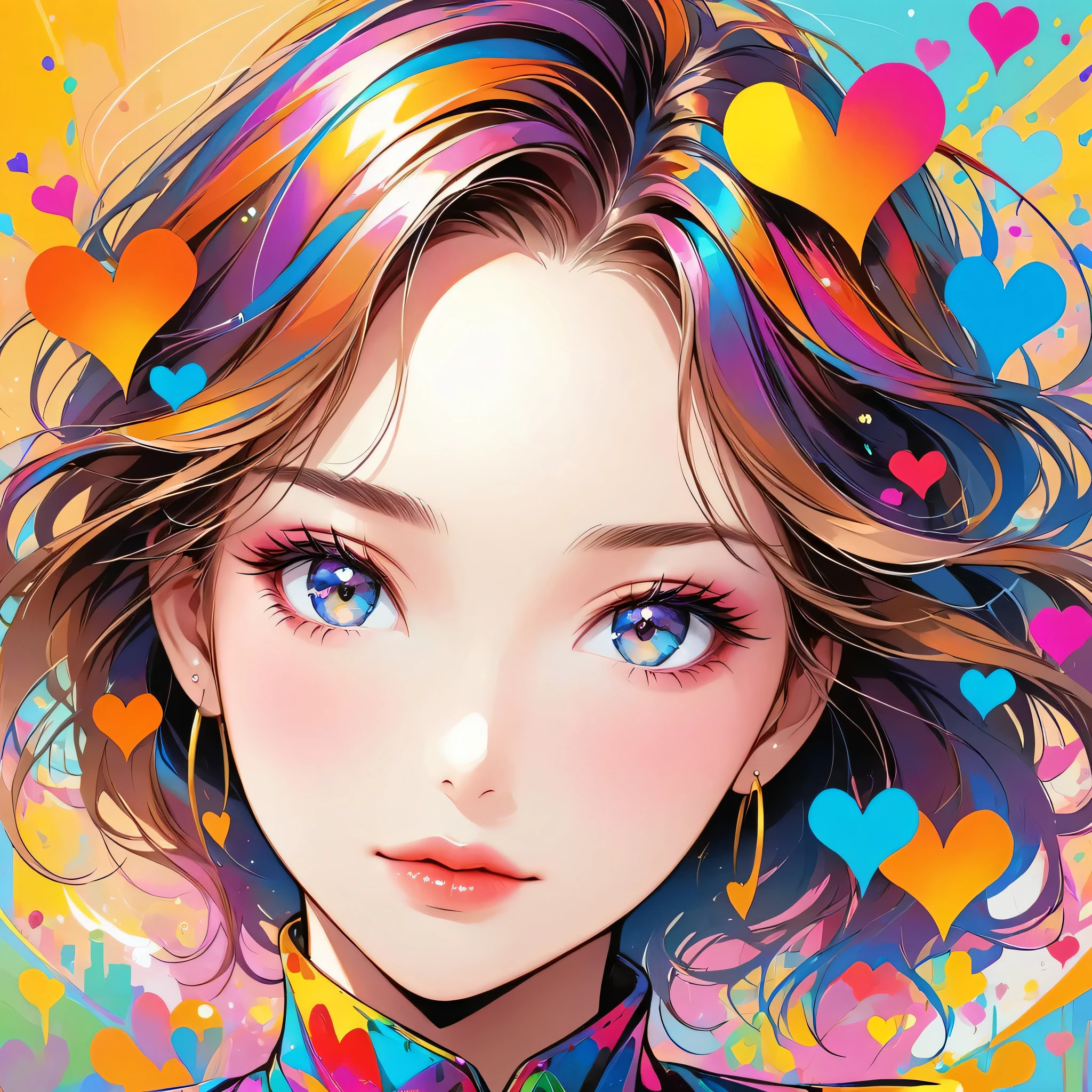 Christian Riese Lassen colorful style, Simple Line Initialism,Abstract art,Urban Background, (((The most beautiful girl of all time))), Sweet face. Lips in love, colorful hearts, stylish design