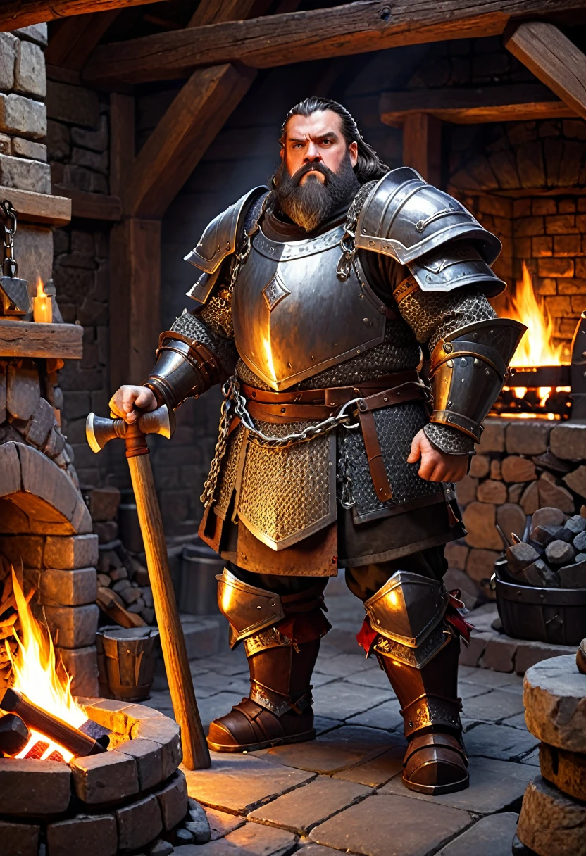 dwarf with heavy chain armor. he is holding a hammer. he is standing in a forge with a fireplace.