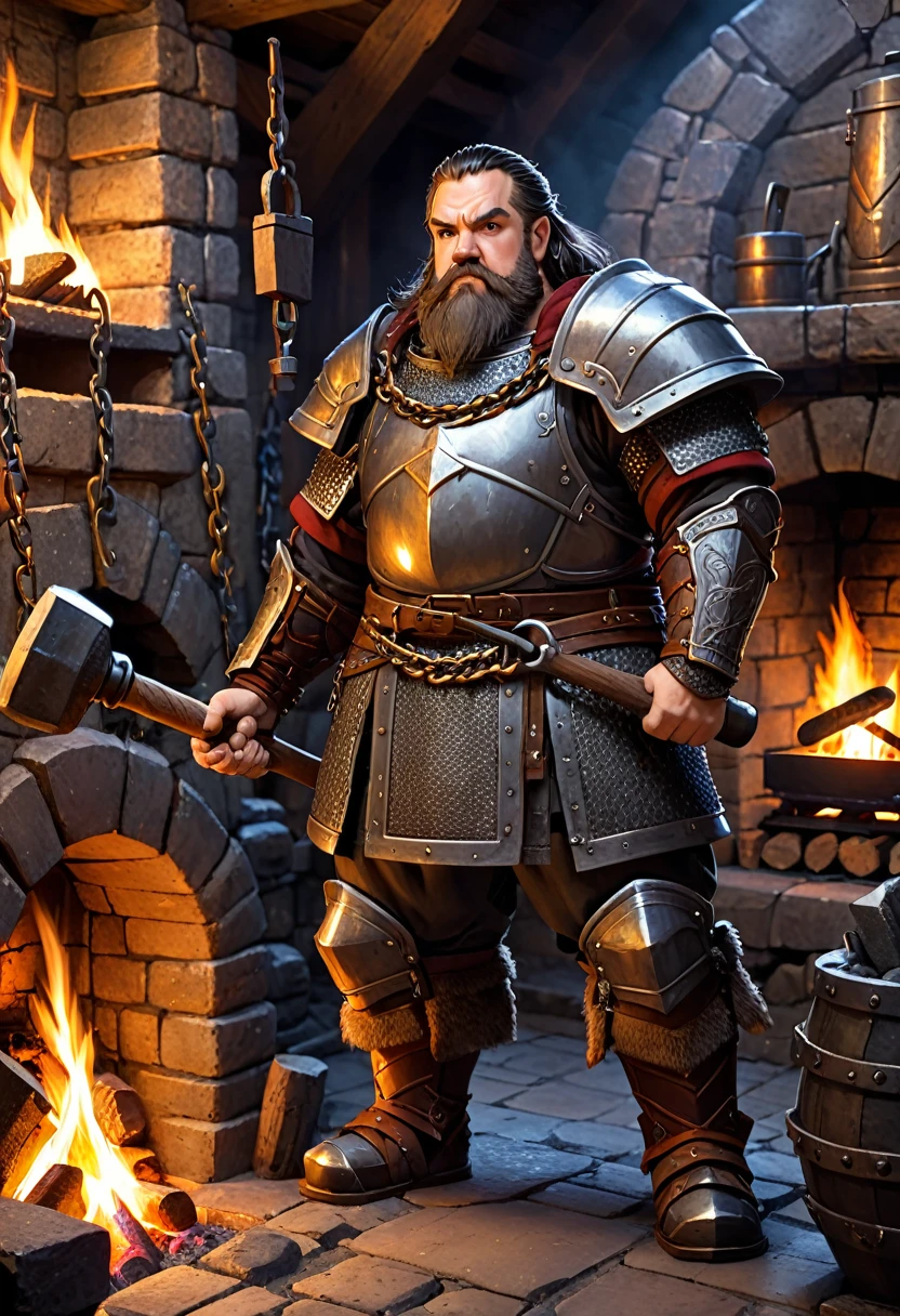 dwarf with heavy chain armor. he is holding a hammer. he is standing in a forge with a fireplace.