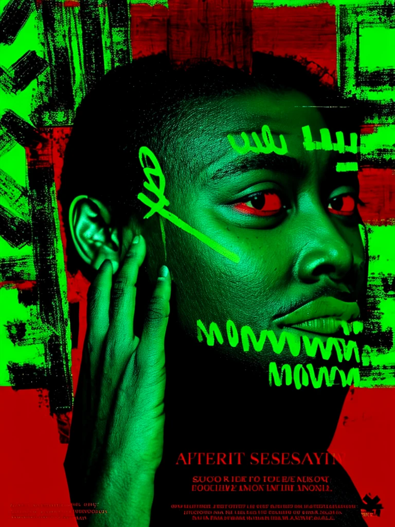 Folks, Colorful, fallen angel, solo, simple background, black hair, english text, green and red background, abstract, crown basquiat
