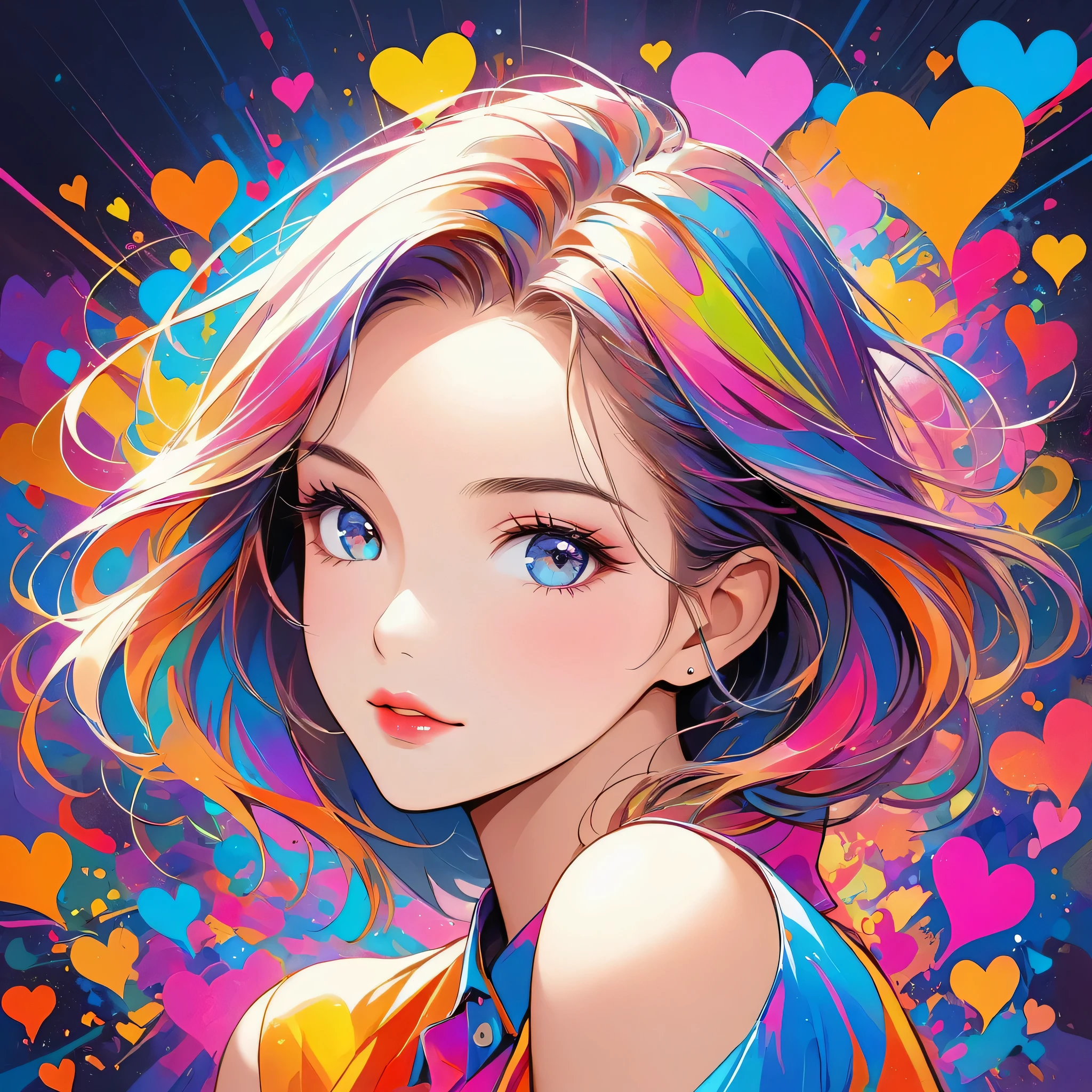 Christian Riese Lassen colorful style, Simple Line Initialism，Abstract art，Urban Background, (((The most beautiful girl of all time))), Sweet face. Lips in love, colorful hearts, stylish design