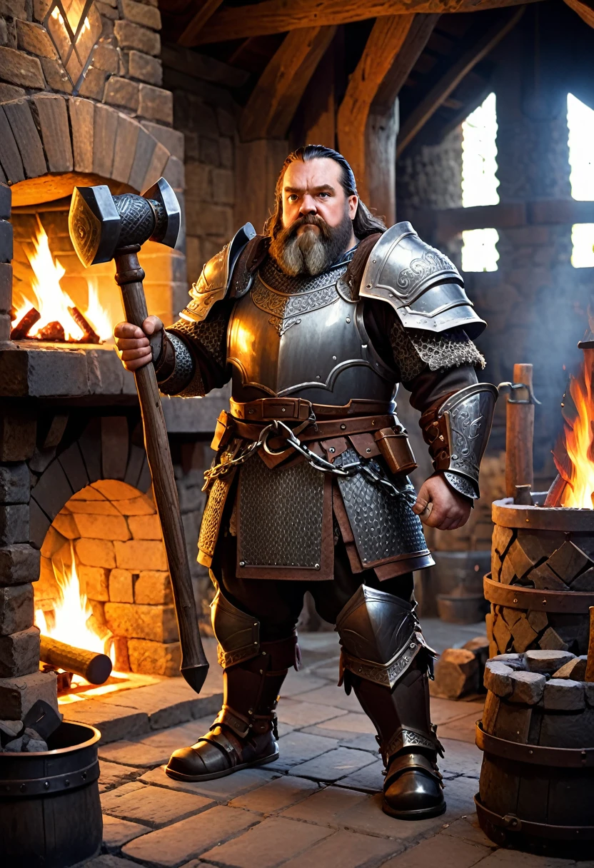 dwarf with heavy chain armor. he is holding a hammer. he is standing in a forge with a fireplace.