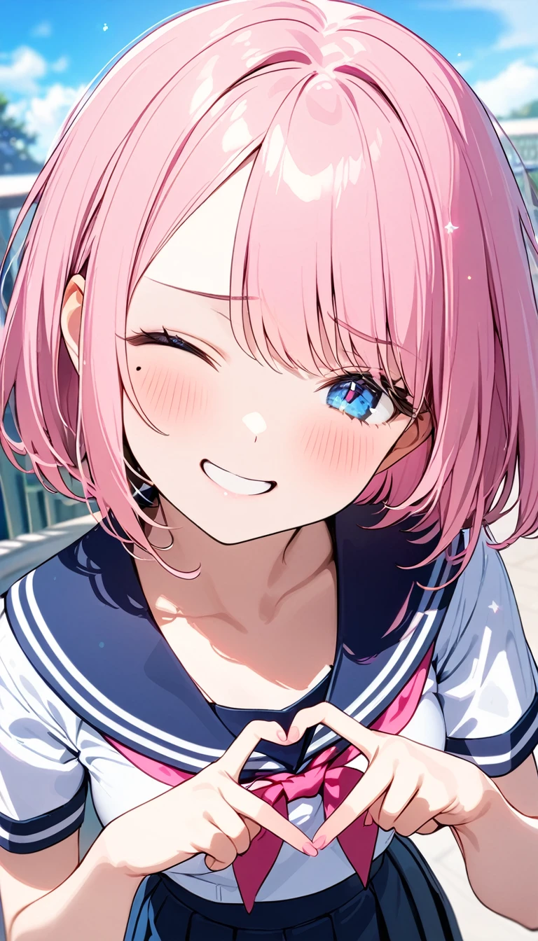 (1 girl),(Best Picture Quality, 8K, Masterpiece:1.3), (high  student:1.5), ((pink lob hair:1.1)), (bob cut),(swept bangs),BREAK, (cute eyes, pupil black, iris skyblue, youthful face), (mole under right eye), (standard weight), (small breasts),(big hip), (glistening skin:1.1),(pale skin:1.2),BREAK, ((serafuku, white sailor short sleeve simple shirt, darkblue skirt, darkblue sailor collar, pink ribbon)),BREAK,(heart hands),(wink, one eye closed),(from above),(portrait),(happy).