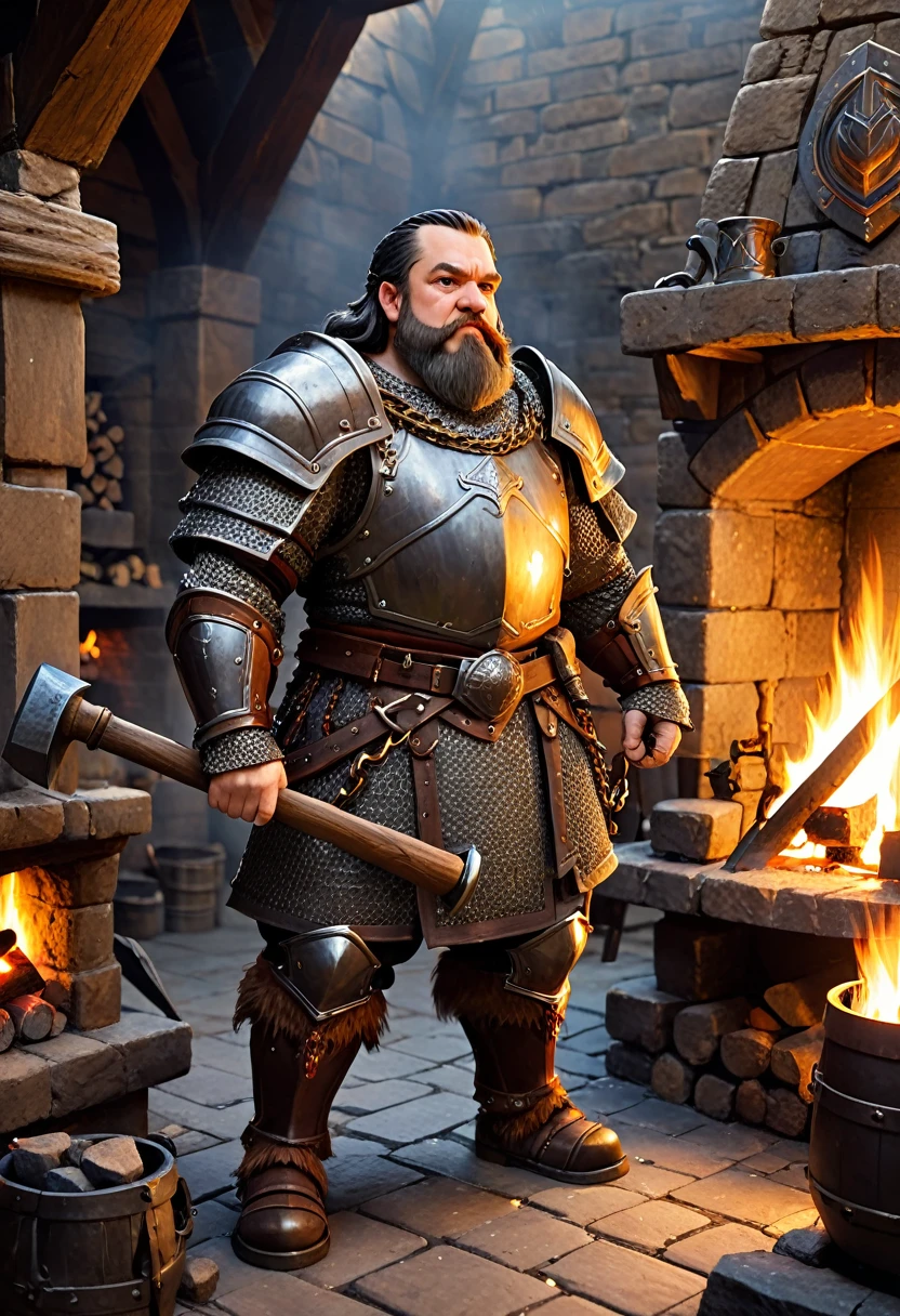 dwarf with heavy chain armor. he is holding a hammer. he is standing in a forge with a fireplace.