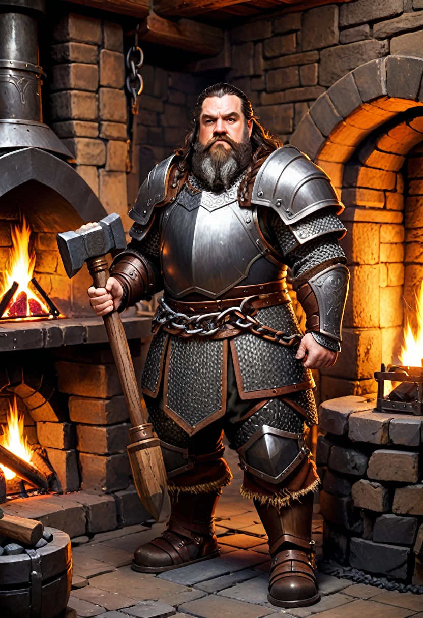dwarf with heavy chain armor. he is holding a hammer. he is standing in a forge with a fireplace.