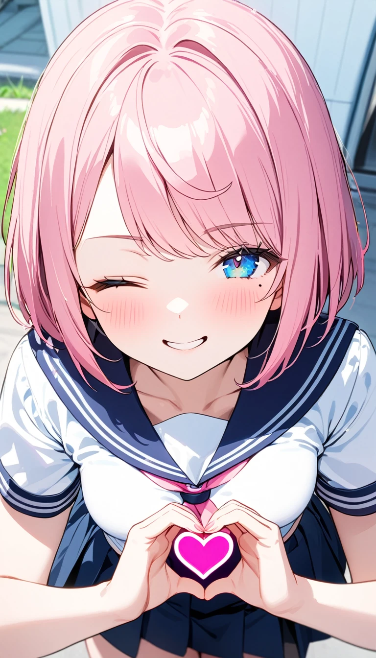 (1 girl),(Best Picture Quality, 8K, Masterpiece:1.3), (high  student:1.5), ((pink lob hair:1.1)), (bob cut),(swept bangs),BREAK, (cute eyes, pupil black, iris skyblue, youthful face), (mole under right eye), (standard weight), (small breasts),(big hip), (glistening skin:1.1),(pale skin:1.2),BREAK, ((serafuku, white sailor short sleeve simple shirt, darkblue skirt, darkblue sailor collar, pink ribbon)),BREAK,(heart hands),(wink, one eye closed),(from above),(portrait),(happy).