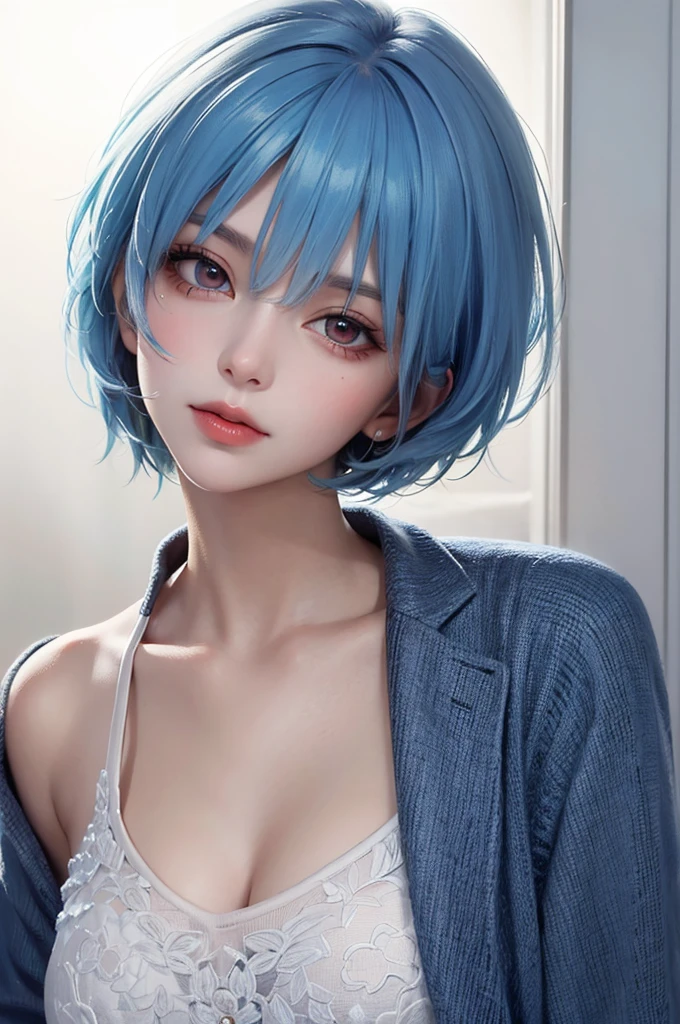 Masterpiece, Best Quality, 8K, Detailed Skin Texture, Detailed Cloth Texture, Beautiful Detail Face, Intricate Detail, Ultra Detailed, Portrait of Rei Ayanami, Blue Hair, Red Eyes, Head Tilt, No Background