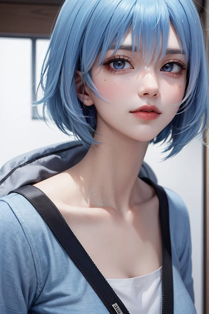 Masterpiece, Best Quality, 8K, Detailed Skin Texture, Detailed Cloth Texture, Beautiful Detail Face, Intricate Detail, Ultra Detailed, Portrait of Rei Ayanami, Blue Hair, Red Eyes, Head Tilt, No Background