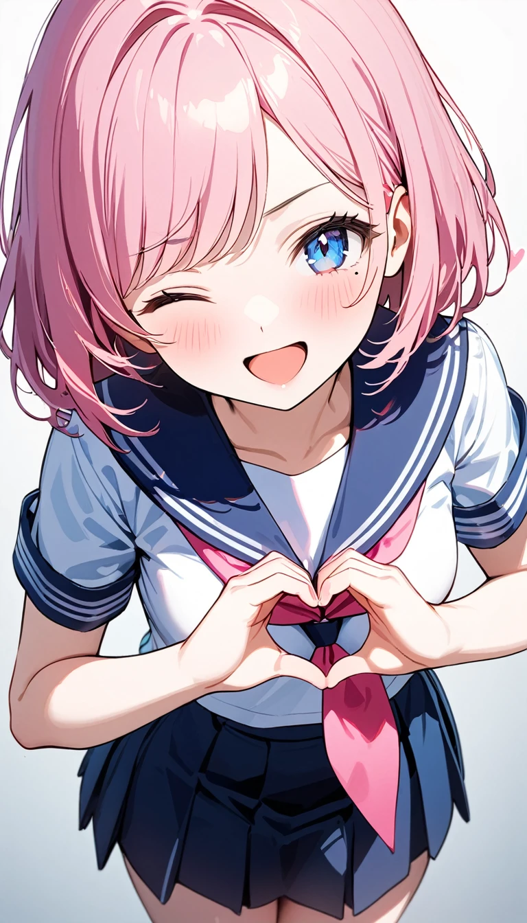 (1 girl),(Best Picture Quality, 8K, Masterpiece:1.3), (high school student:1.5), ((pink lob hair:1.1)), (bob cut),(swept bangs),BREAK, (cute eyes, pupil black, iris skyblue, youthful face), (mole under right eye), (standard weight), (small breasts),(big hip), (glistening skin:1.1),(pale skin:1.2),BREAK, ((serafuku, white sailor short sleeve simple shirt, darkblue skirt, darkblue sailor collar, pink ribbon)),BREAK,(heart hands),(wink, one eye closed),(from above),(portrait),(happy).