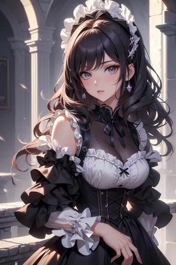 (high quality,masterpiece,4k,8k,16k),cute girl,bust,medium chest,lolita dress,smooth skin,silky hair,vibrant colors,dreamy lighting,shiny girden,subtle details,intense gaze,revealing expression,porcelain-like complexion,graceful pose,gentle atmosphere,pure innocence,natural beauty,sublime aesthetics