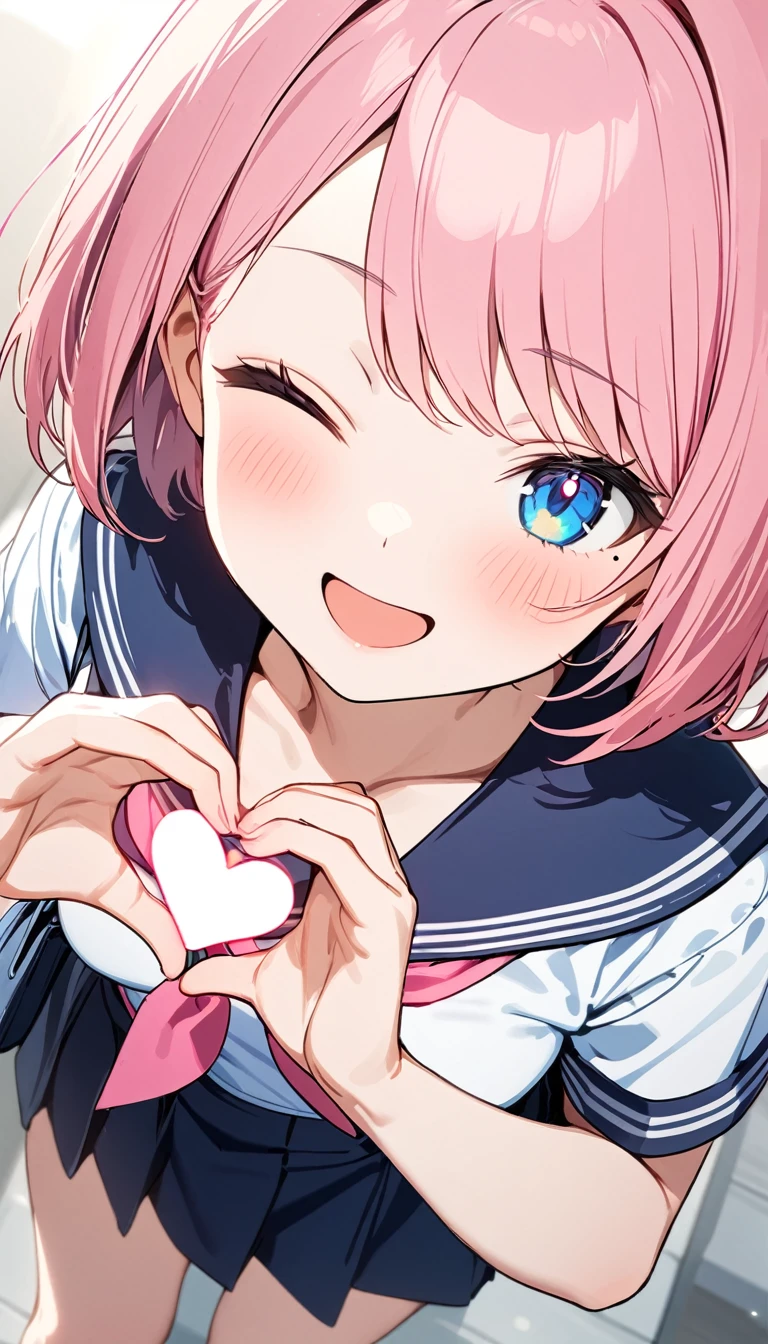 (1 girl),(Best Picture Quality, 8K, Masterpiece:1.3), (high school student:1.5), ((pink lob hair:1.1)), (bob cut),(swept bangs),BREAK, (cute eyes, pupil black, iris skyblue, youthful face), (mole under right eye), (standard weight), (small breasts),(big hip), (glistening skin:1.1),(pale skin:1.2),BREAK, ((serafuku, white sailor short sleeve simple shirt, darkblue skirt, darkblue sailor collar, pink ribbon)),BREAK,(heart hands),(wink, one eye closed),(from above),(portrait),(happy).
