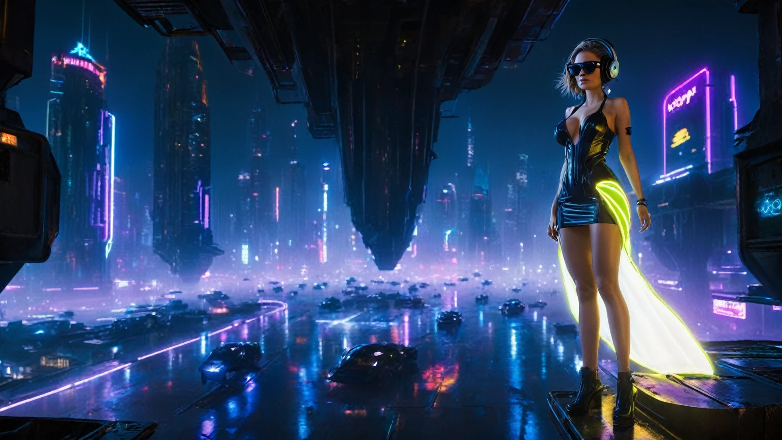 Cyberpunk female plagiarist immersed in digital theft, neon-lit alias within a vast online labyrinth, grotesque grunge brushing into surrealism, illuminated by kaleidoscopic volumetric light, a detailed masterpiece reminiscent of Moebius' distinctive style, deep focus, heightened depth field, psychedelic undertones amplified in a cinematic shot, (((((aerial view of cyberpunk city at night))))), (((((1girl, solo, alone))))), photo realistic, (((((large-breast:1.4 slim body, cleavage:1.4))))), (((off broken mini sling-shirt and black sling bra, (((extreamly short white pleated miniskirt, micro panty)))))), (((((running pose))))), (((((((matrix style black micro sunglasses))))))), ((((((((((aiming with a short gun)))))))))), (((((looking at camera))))), (((very low view))), (((((half-body thigh level medium shot))))), (((cinematic lighting))).