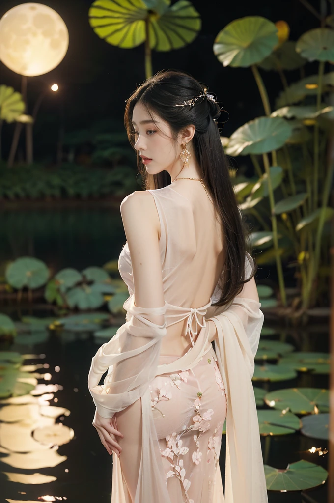 (((best quality))),(((ultra detailed))),(((masterpiece))),illustration,((1 beautiful young girl,solo)),((slim,thin)),(shoulder length straight hair:1.2),((earrings,necklace)),((bare back,towering hips,butt crack)),(see through traditional pink sheer Hanfu dress:1.3),(beside the lotus pond full of lotus flowers:1.3), serene moonlight, ethereal,floral pattern, water movement, billowing fabric, tranquil, moon reflection, petals, fireflies, magical, light,warm light, dreams, invitation, standing, gazing, reflection, inner thoughts, emotional, sweet scent, natural beauty, solitude, hypnotic lull, eternal summer, (night scene:1.3), natural world, human spirit, celebration, backdrop, water, glow,((from back)),(close-up of upper body:1.3)