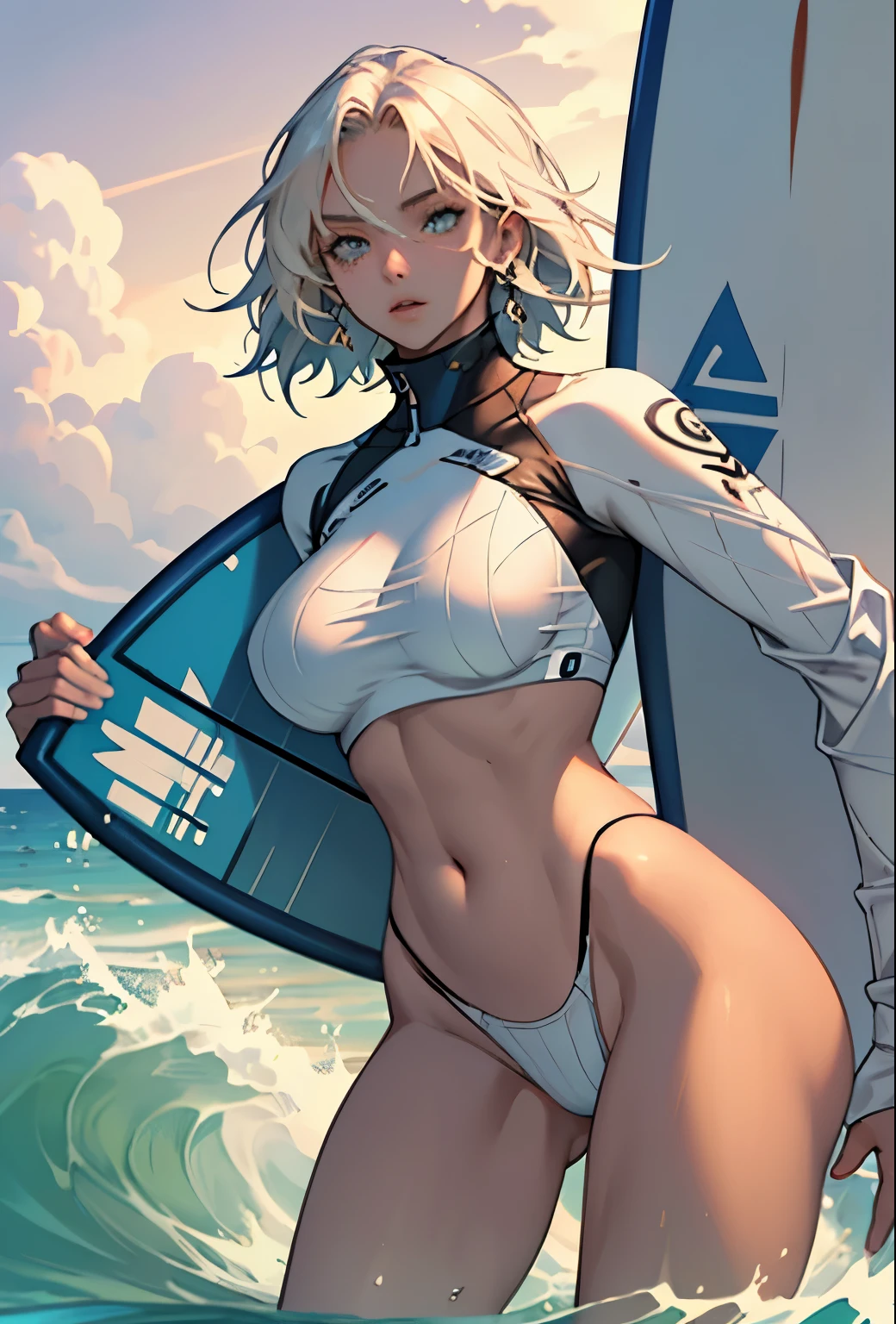 masterpiece, (Textured skin), Highest quality, Gorgeous beautiful girl, (female surfer), Detailed clothing,Large Breasts,Tight waist,, (Beautiful Face), Cinema Lighting, (At the surfing venue ), Holding the board,