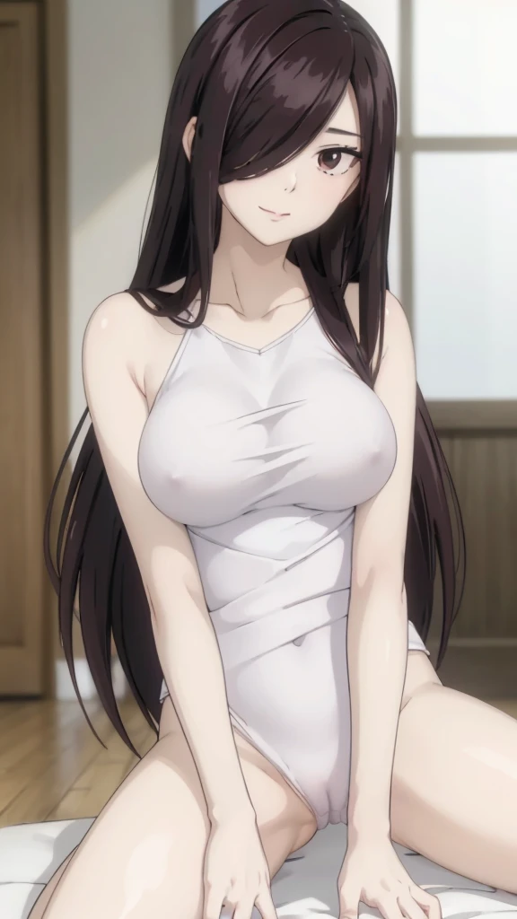 (((masterpiece))), (((best quality))), ((ultra-detailed)), (highly detailed CG illustration), Boa Hancock, (nsfw:1.4), (masterpiece:1.5), Detailed Photo, innocent smile,Sexy, (Best Quality: 1.4), (1girl), Beautiful Face, (Black Hair, long Hair: 1.3), Beautiful Hairstyle, beautiful detail eyes, (realistic skin), beautiful skin, absurd, attractive, ultra high resolution, high definition, (sexually aroused:1.5), Pinkish white skin, cool white light, sexy pose, full body view,Beautiful , white background, pink soft white light, Wear a white tank top, (hair over one eye:1.4), Messy hair,hair between eyes,pubic hair pussy, dense pubic Hairy pussy .