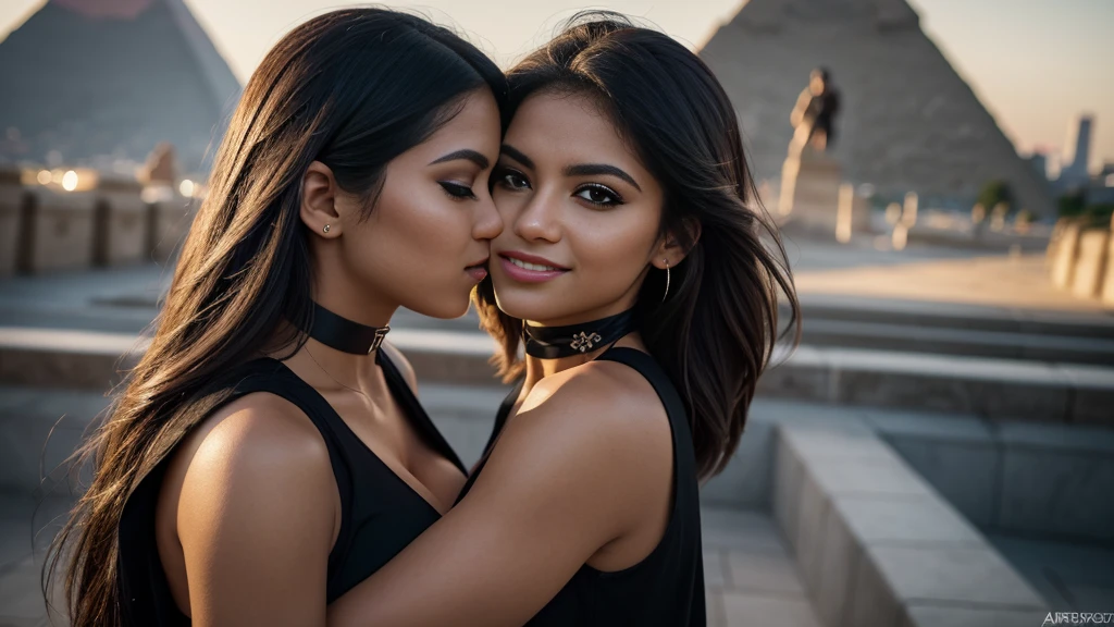 REALISTIC VISION 1.4 BETTER VAE, three young Latina women, 18 years old, (big breasts:1.3), with short tousled hair, outside by the pyramids, white miniskirt, black sleeveless top, (smile:1.1), (kissing:1.2), choker, (black eyeshadow:1.2), (pink lips:0.95),Paris 8K, sharp focus, good exposure, night, ISO 1000, 1/250s, natural light, Adobe Lightroom, photo lab, Affinity Photo, Ultra Realistic, Photorealism, Photography, 8K UHD, Photo, HDR, Complex and Elegant, Highly Detailed, Sharp Focus, Stunning, Beautiful, Gorgeous), (Masterpiece: 1.2, Best Quality 1:1, Ultra Detail: 1.2, Best Shadows, 8k: 1.1), (beautiful detailed face), high contrast, (perfect lighting: 1.2), (cinematic light)), colorful, hyper-detail, dramatic light, intricate detail, photograph by arny freytag