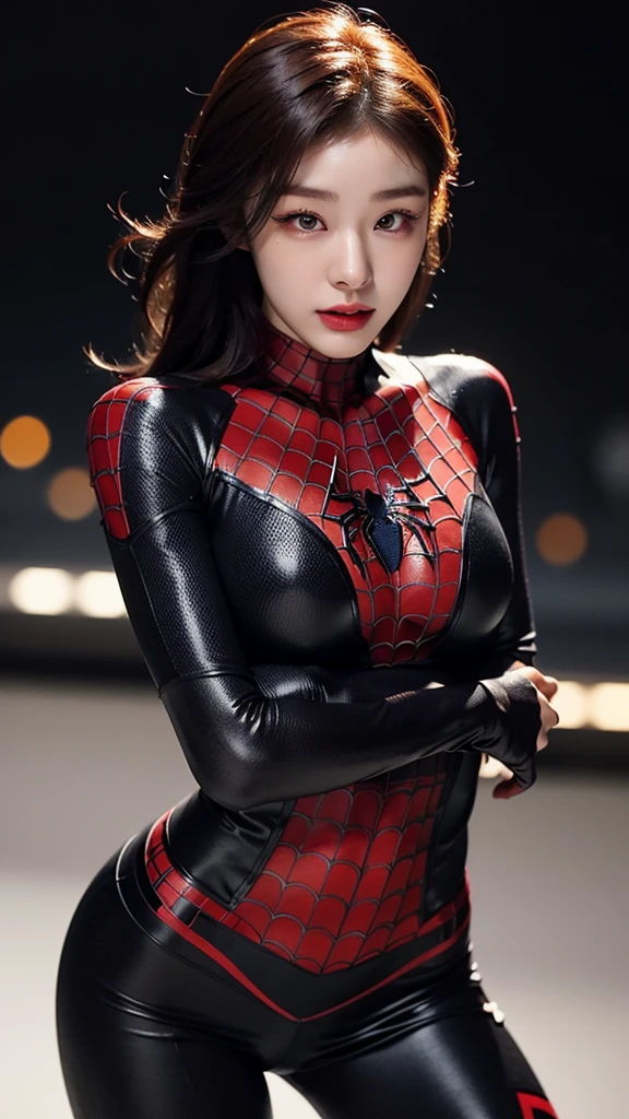 tmasterpiece,1 Korean girl,realisticlying,8K UHD,high high quality,in the background bokeh, spider-man black and white suit,Spidey,Clothes wrap around the whole body,Tight clothing,Abs contour,Short black hair,s the perfect face,shining face,Ultra-clear face,Elaborate Eyes,idoly