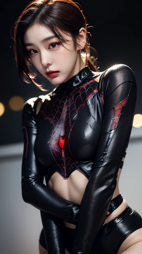 tmasterpiece,1 Korean girl，realisticlying，8K  UHD，high high quality，in the background bokeh, spider-man black and white suit，Spidey，Clothes wrap around the whole body，Tight clothing，Abs contour，Short black hair，s the perfect face，shining face，Ultra-clear face，Elaborate Eyes，idoly