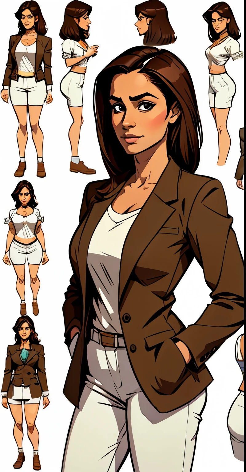 Priya Vantari, Flat colors, character sheet of a 35 year old professional looking girl, tan skin, dark brown hair, natural beauty, beautiful, casual, blazer and blouse, simply white background