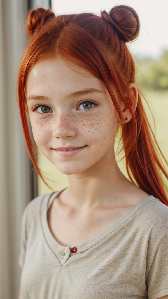 girl, red hair, freckles, hairbun, very slim, pretty, small smile