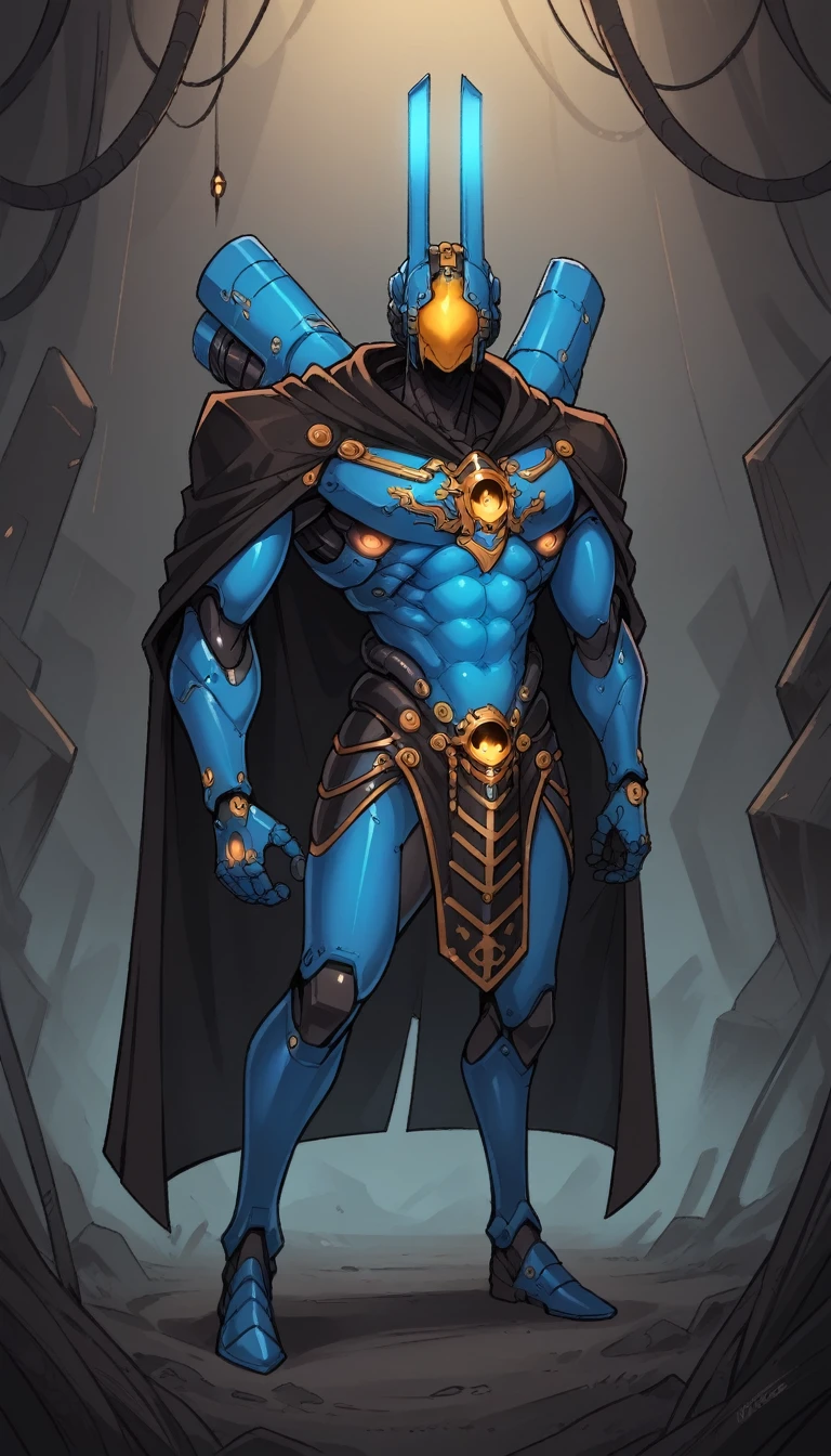Dark fantatsy,black metal body,1 male,humanoid roobt,strange head,faceless robot,robot joints,neon trims,black armor,black gold scheme,(glowing purplish-blue trim),eyeless robot,no eyes,muslces,abs,look at viewer,mechanical,armor skirt,black cloak