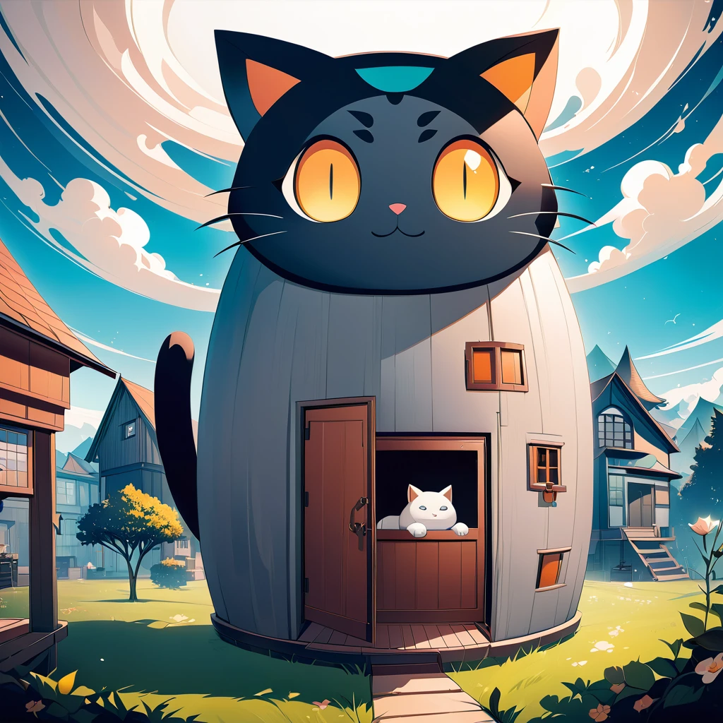 a house in the shape of a cat, a house that imitates the shape of a cat, fantasy, surrealism, anime, cute, lovely, 