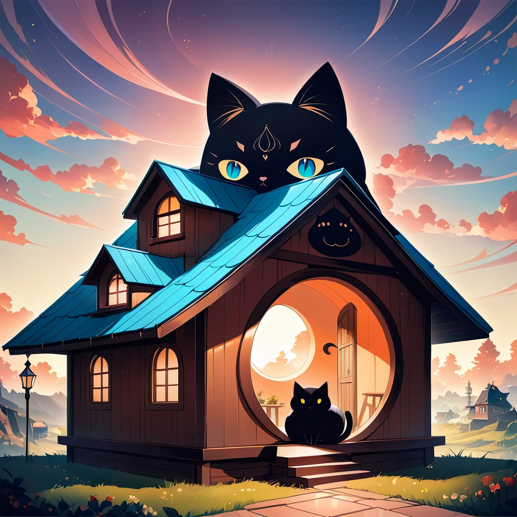 a house in the shape of a cat, a house that imitates the shape of a cat, fantasy, surrealism, anime, cute, lovely, 