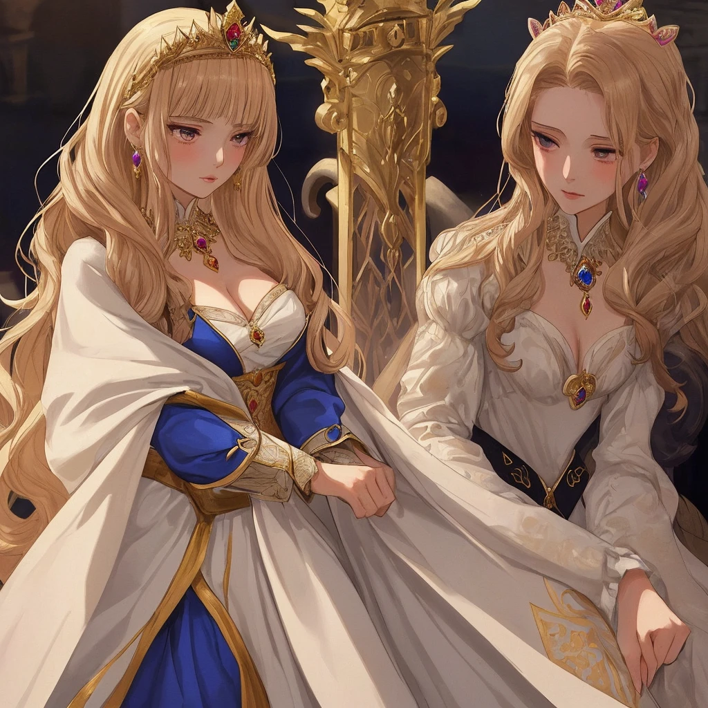 An incredibly beautiful golden-haired blonde with blue eyes and long golden hair. She has long bangs, a luxurious national Spanish dress, a national Spanish hairstyle and national Spanish jewelry. Masterpiece, perfect image, realistic shots, detailed study of faces, full-length image, 8k, detailed image. extremely detailed illustration, a real masterpiece of the highest quality, with careful drawing.