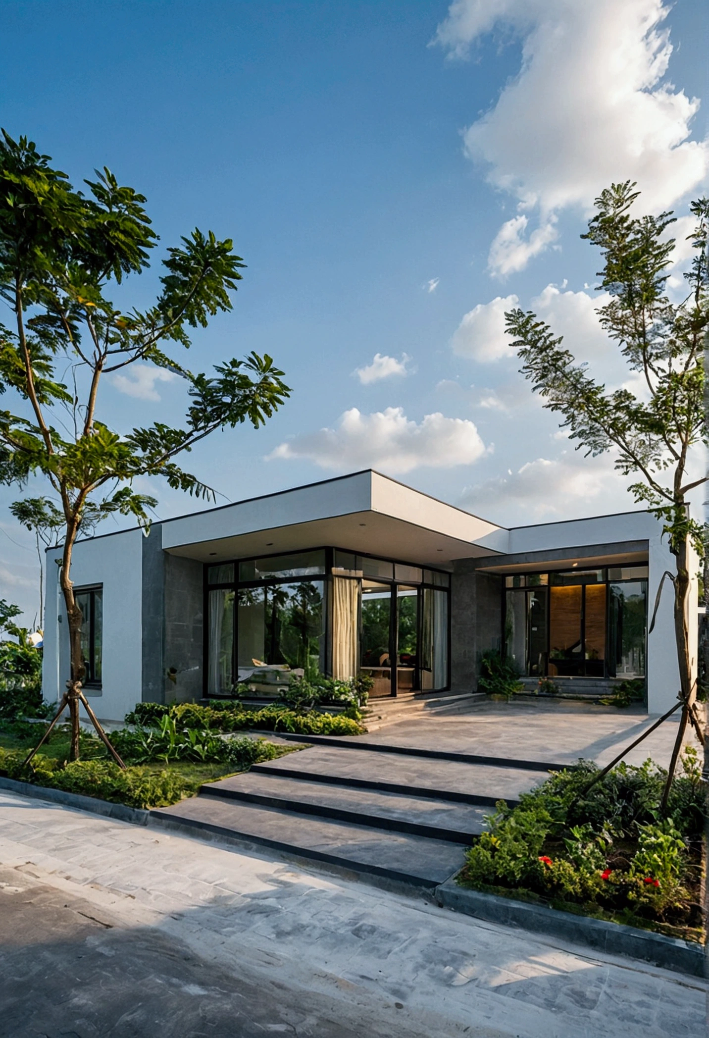 CRU photo,work of art, high qualiy, best qualityer, authentic, super detaill, plein-air, front-facing, single storey villaXL, aiai group, modern house style on the street, front house, visão front-facing, white wall road, pavement, gram, Trees, sky, nube, (Day Light:1.1)