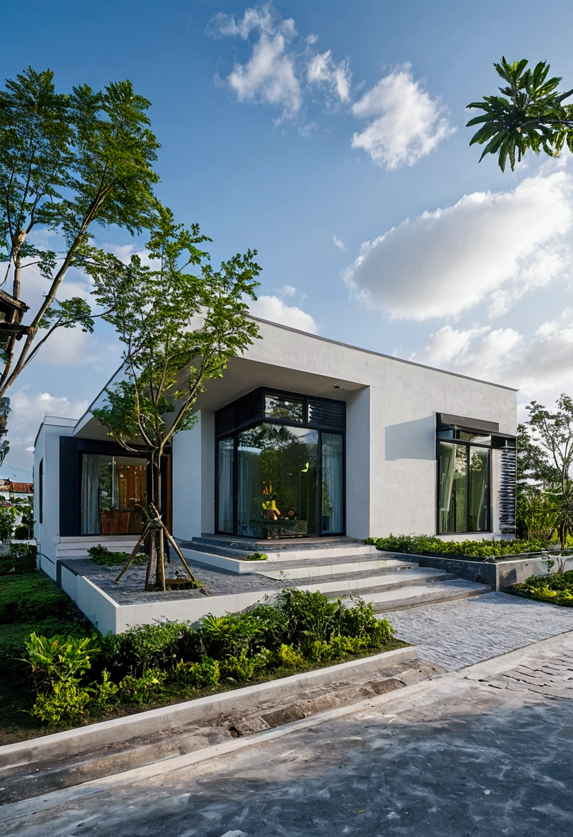 CRU photo,work of art, high qualiy, best qualityer, authentic, super detaill, plein-air, front-facing, single storey villaXL, aiai group, modern house style on the street, front house, visão front-facing, white wall road, pavement, gram, Trees, sky, nube, (Day Light:1.1)