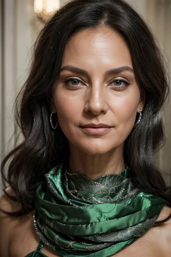 A refined woman, 60 years old, standing at 1.65 meters tall. Her hair, a blend of deep black and shimmering silver, frames her face beautifully. Her green eyes, vibrant and full of life, draw you in. Her face, adorned with elegant wrinkles, exudes confidence and sophistication, capturing her mature charm.