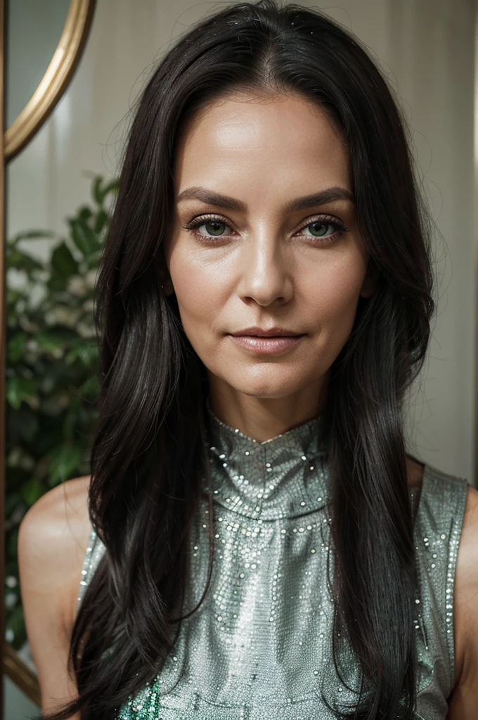A refined woman, 60 years old, standing at 1.65 meters tall. Her hair, a blend of deep black and shimmering silver, frames her face beautifully. Her green eyes, vibrant and full of life, draw you in. Her face, adorned with elegant wrinkles, exudes confidence and sophistication, capturing her mature charm.