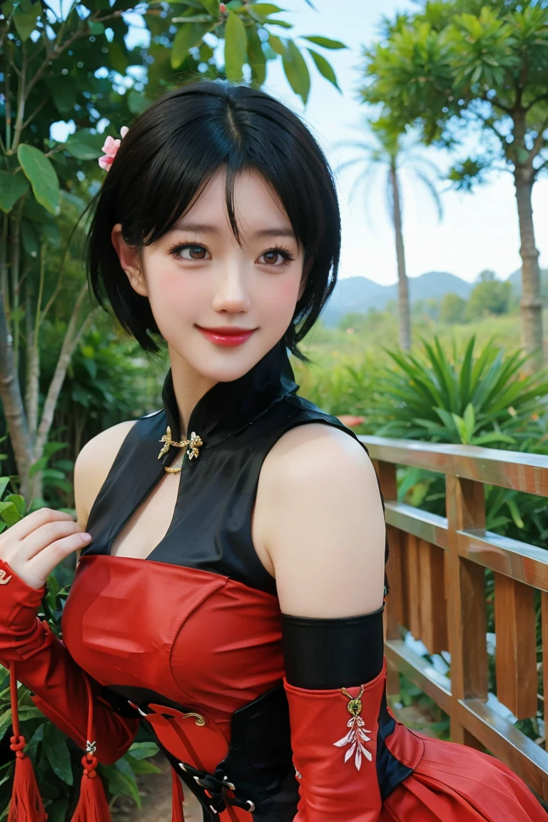 Masterpiece、1 beautiful girl、good eyes、smile、Bags under the eyes、Highest quality, 超high resolution, (reality: 1.4), movie light、Japan、Asian beauty、Korea、It's so beautiful.、Beautiful skin、body facing forward、close to face、upper body close up,(超reality的な)、(high resolution)、(8ก)、(very detailed)、(美しくgood eyes)、(Extremely detailed)、 (wall-)、detailed face、bright light、professional lighting、looking at the audience、looking straight ahead、Slim and slender、perfect cosplay,Highest quality, (Masterpiece:1.2), photo, disorganized,
(1 woman, alone), (Beautiful girl with details),
Xing Cai, short hair, black hair, hair accessories, brown eyes, Medium bust,
armor, corset, belt, shoulder armor, Paulron, thigh high boots, Pelvic curtain, fingerless gloves,
looking at the audience, I'm proud, with confidence, (anger:0.7),
in the bamboo forest, Chinese Architecture, stream,,
(Ojosama pose:1.2), (cowboy shoot),