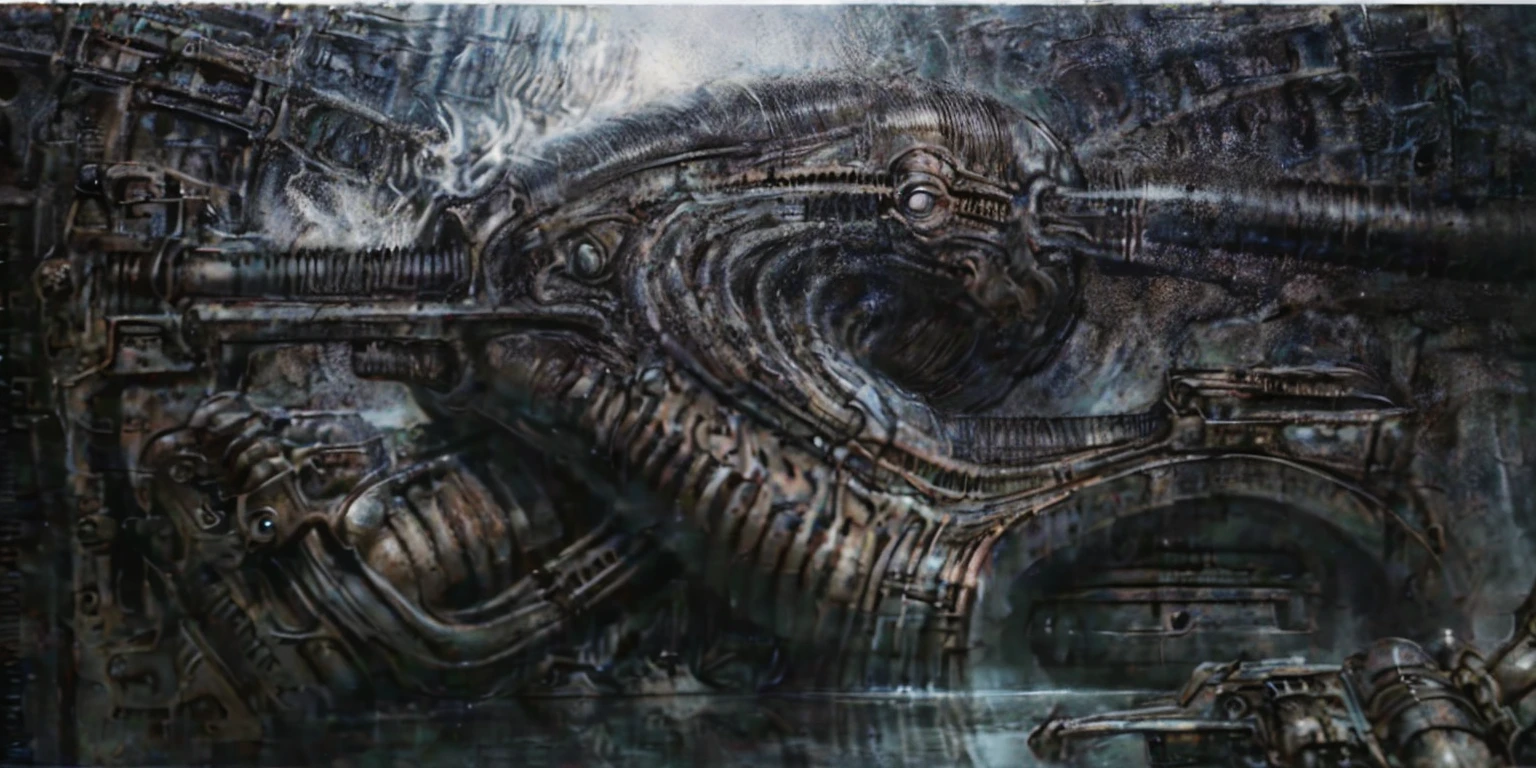 xgiger, The image is a detailed view of H.R. Giger's biomechanical tableau \" LANDSCAPE No 312 \" plate, featuring
a complex, intricate, and detailed design of endless Machine in the transit space over the cascade of fallen water, that appears to be a fusion of organic and mechanical elements, with a focus on the interplay between the two.The piece is a tableau, most likely created with a India ink pen or pencil on paper, determined by the thin lines, shading techniques, and the texture of the paper, which is visible around the edges.
Used is pen, given the shading and variations in line weight visible in the image. Artist have used a variety of stylus with different degrees of hardness to achieve the shading effects.
 The use of undersaturated green-grays dark contrasts creates a stark and graphic look. Is used a variety of linework techniques to create different textures. Fine, parallel lines create a smooth, metallic texture,while thicker, more cursive lines suggest cables or wires.
Light source from the top highlights skeletals, pper part of foreground, lower part of image is in shadowupper part of foreground, lower part of image is in shadow.
The art performance showcases the artist’s skills in observation and rendering. The level of detail in the piece suggests a close study of real bone specimens and mechanics. The artist has skillfully used shading techniques to create a convincing illusion of three-dimensionality on a flat surface. The wrinkles and cracks in the surface, and the cast shadows with accuracy, used shading techniques to create a realistic depiction of light and shadow on the objects. This creates a sense of depth and dimension in the image. The artist has used careful linework to depict the contours and textures in the piece
Sharp focus on foreground elements illustration. Deep and delicate DOF. Big painting. Stored in Louvre masterpiece, ooze soaked pajama top
