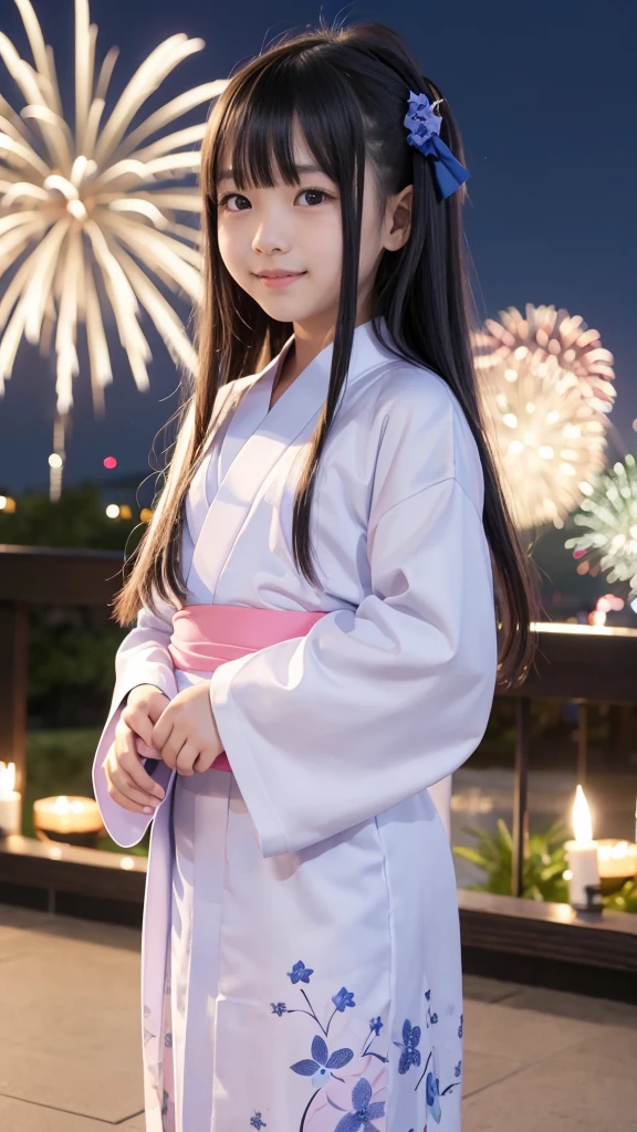 very cute、、girl、Long Straight Hair、Beautiful yukata、Night Sky、Countless fireworks、
