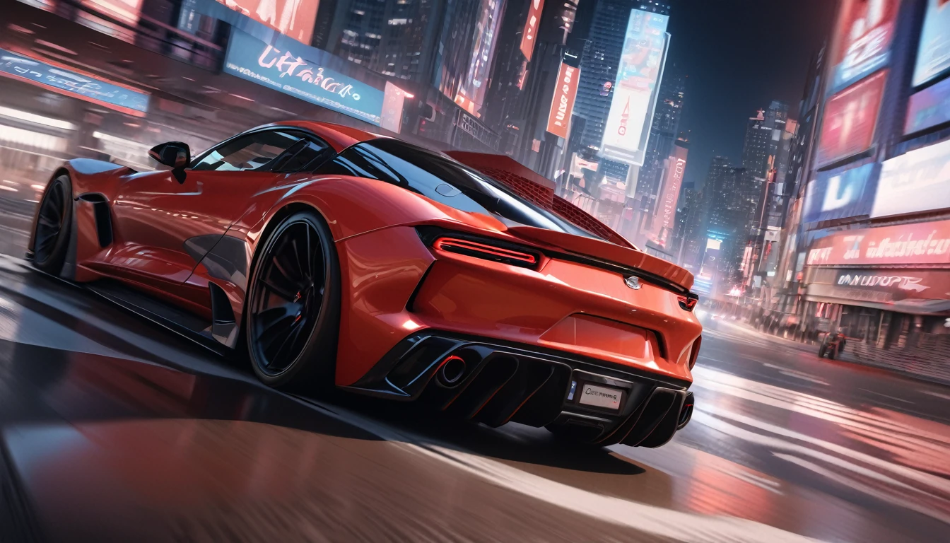 (best quality, masterpiece, ultra detailed, ultra high res, photorealistic, raw photo, absolutely resolution), neon, city, Red ultra-luxury sports car running at high speed, late night,