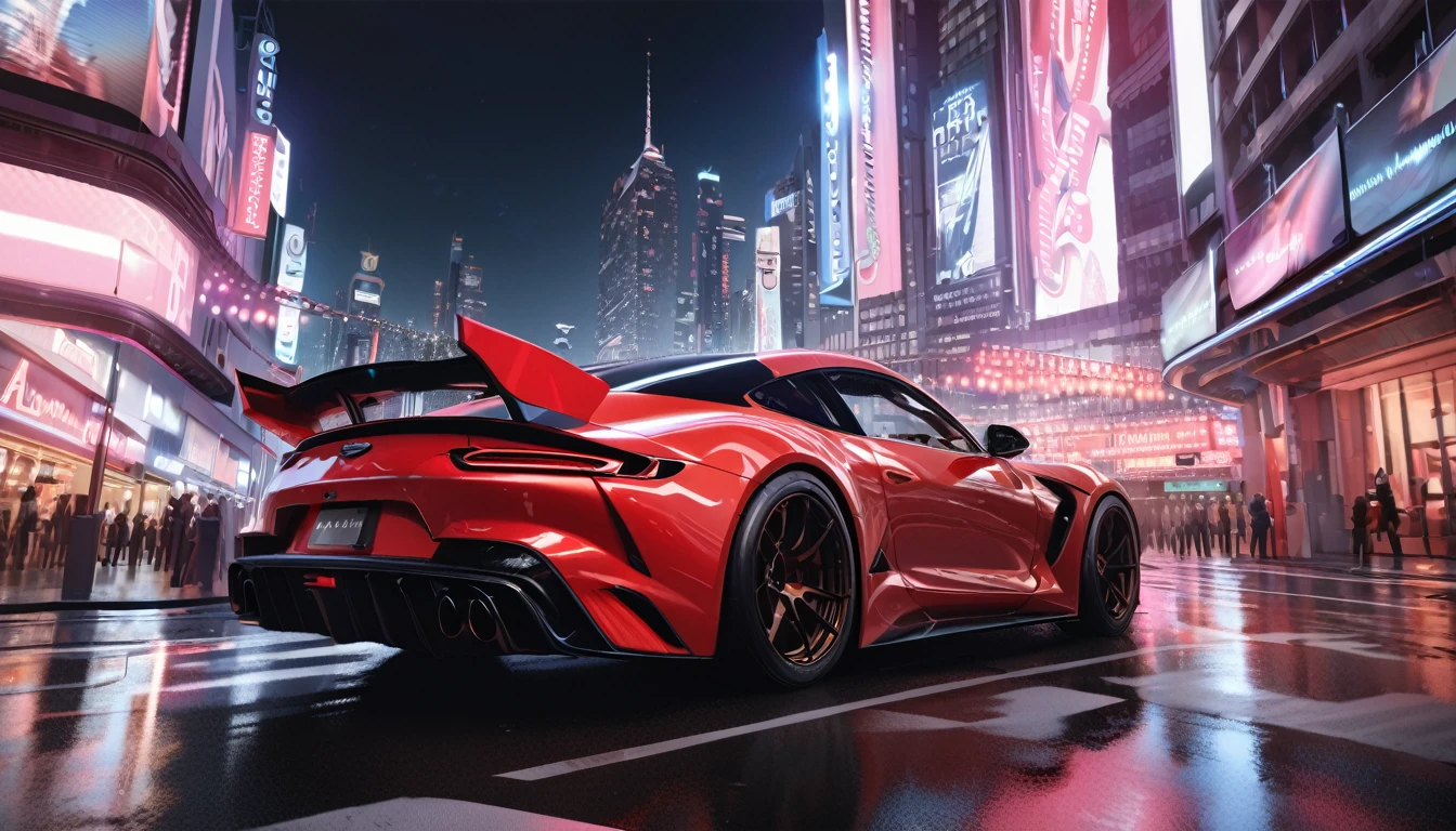 (best quality, masterpiece, ultra detailed, ultra high res, photorealistic, raw photo, absolutely resolution), neon, city, Red ultra-luxury sports car running at high speed, late night, 