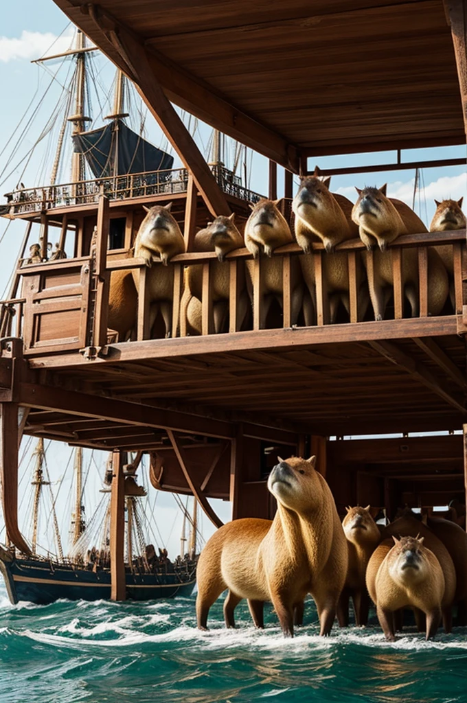 Capybara as a captain of ship during 18th century with his ship crew as capybara working on the ship