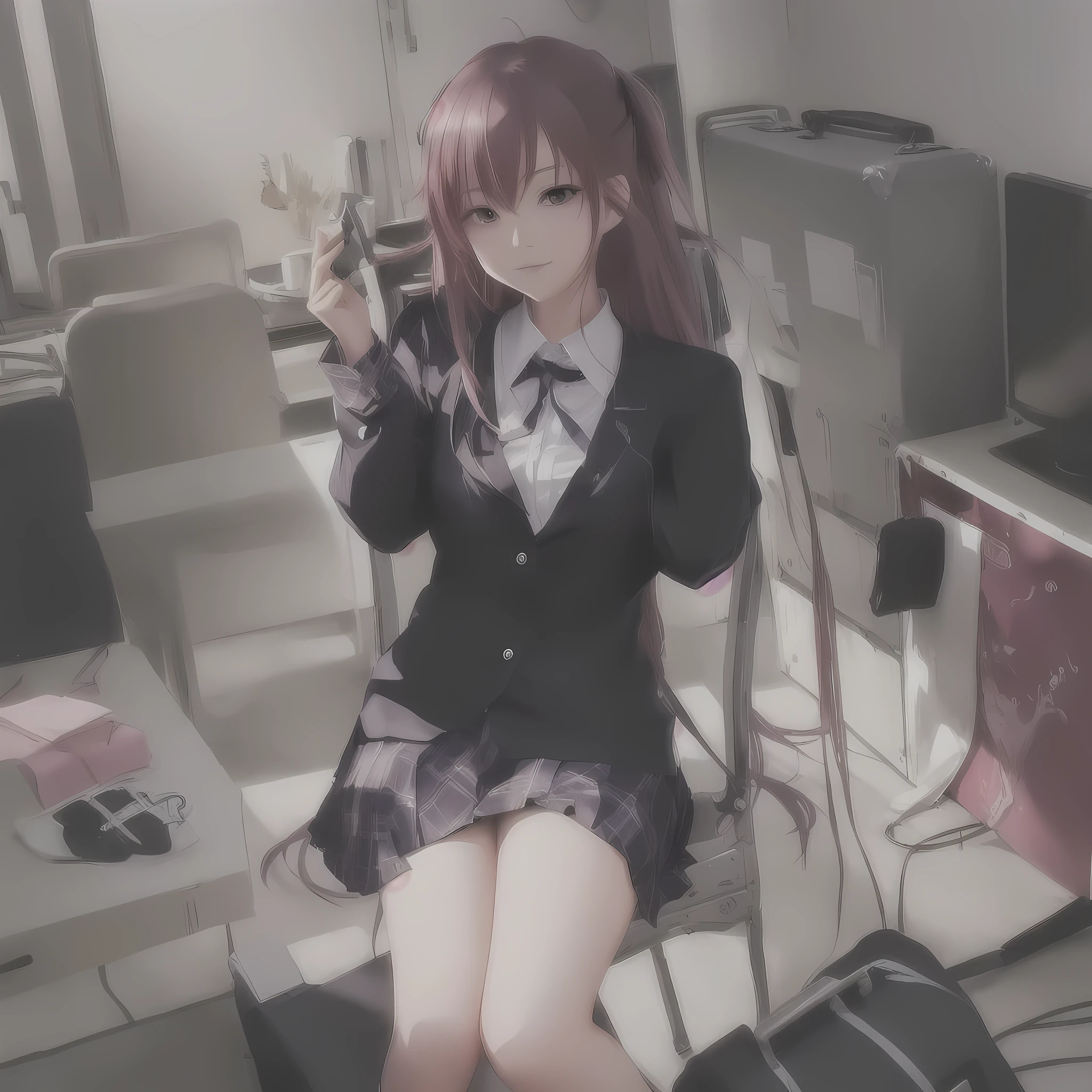 anime girl sitting on a chair in a room with a suitcase, anime style 4 k, guweiz, 4k anime wallpaper, smooth anime cg art, seductive anime girl, beautiful anime high school girl, artwork in the style of guweiz, anime wallpaper 4 k, anime wallpaper 4k, anime art wallpaper 4k, anime art wallpaper 4 k