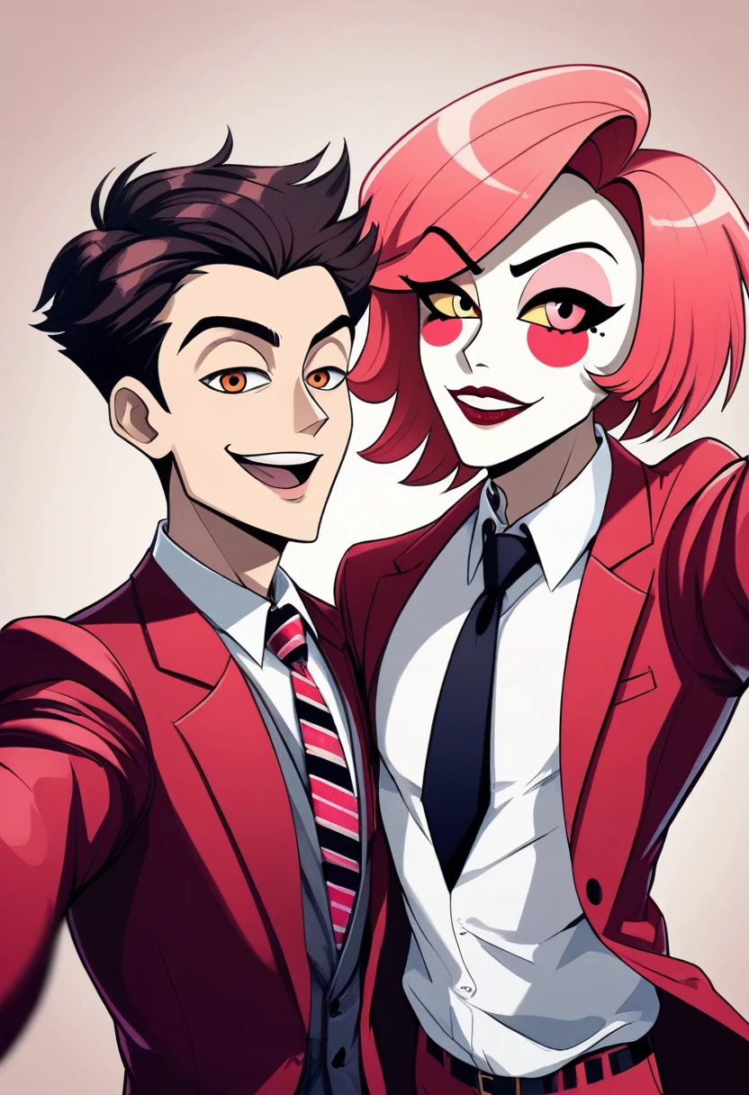 Anime boy taking a selfie at Hazbin Hotel , Medium Hair, Wearing a red suit,tie,Buzz Bin Hotel style illustration