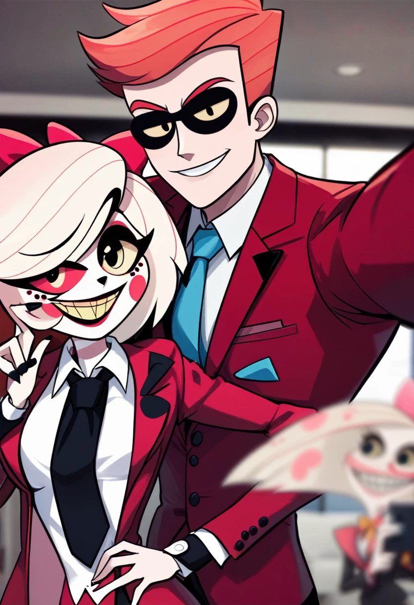 Anime boy taking a selfie at Hazbin Hotel , Medium Hair, Wearing a red suit,tie,Buzz Bin Hotel style illustration