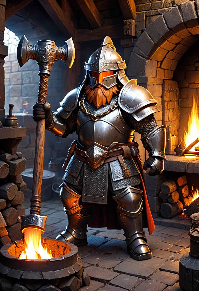 dwarf with heavy chain armor. he is holding a hammer. he is standing in a forge with a fireplace. he wears a helmet with a small drgaon figure on top of it