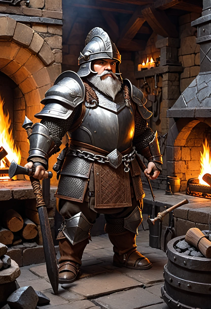 dwarf with heavy chain armor. he is holding a hammer. he is standing in a forge with a fireplace. he wears a helmet with a small drgaon figure on top of it