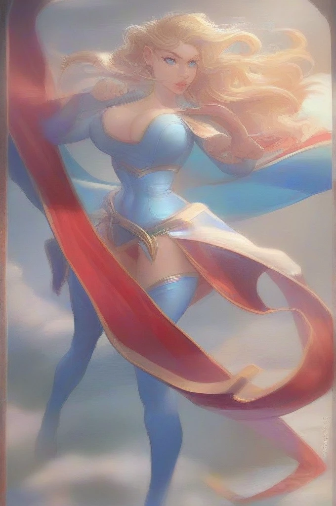 (bright blue eyes) LydiaV, wearing tight supergirl costume, (midriff visible), blue shoes, ((full body shot)), Standing pose, (35mm, F/2.8) Photo Focus, DOF, Aperture, insanely detailed and intricate, character, hypermaximalist, beautiful, hyper realistic, super detailed, beautiful woman, ((detailed eyes)), long eyelashes, (glossy lips), flying over city, wearing supergirl costume, cleavage, medium breasts, perfect perky breasts