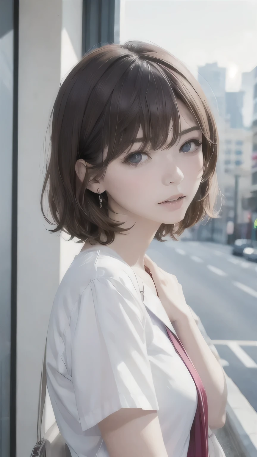 portrait of a beautiful woman,alone,20-year-old,Beautiful Face,Upper Body,Great style,Hair on one eye,Short Sidecut, Brown Hair, Sharp focus,Black nurse clothes