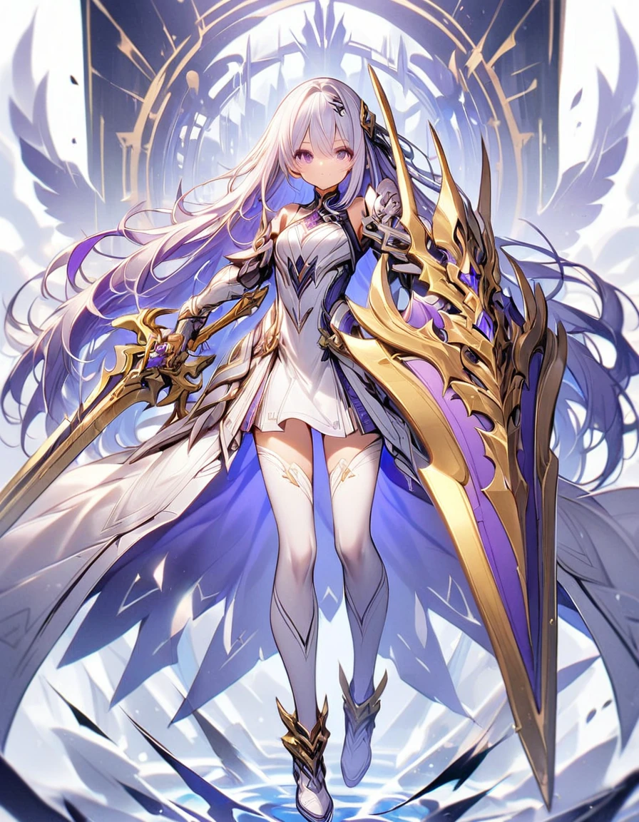 1 girl is tall，long, Purple Hair. She wears a white tights, Combined with black line elements. She wears a white hair ornament，With a huge golden sword. Bare Legs, White boots, whole body, Purple Eyes