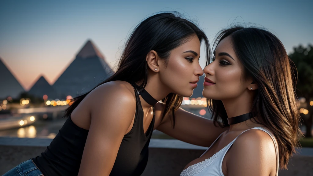 REALISTIC VISION 1.4 BETTER VAE, three young Latina women, 18 years old, (big breasts:1.3), with short tousled hair, outside by the pyramids, white miniskirt, black sleeveless top, (smiling), (kissing:1.2), choker, (black eyeshadow:1.2), (pink lips:0.95),Paris 8K, sharp focus, good exposure, night, ISO 1000, 1/250s, natural light, Adobe Lightroom, photo lab, Affinity Photo, Ultra Realistic, Photorealism, Photography, 8K UHD, Photo, HDR, Complex and Elegant, Highly Detailed, Sharp Focus, Stunning, Beautiful, Gorgeous), (Masterpiece: 1.2, Best Quality 1:1, Ultra Detail: 1.2, Best Shadows, 8k: 1.1), (beautiful detailed face), high contrast, (perfect lighting: 1.2), (cinematic light)), colorful, hyper-detail, dramatic light, intricate detail, photograph by arny freytag
