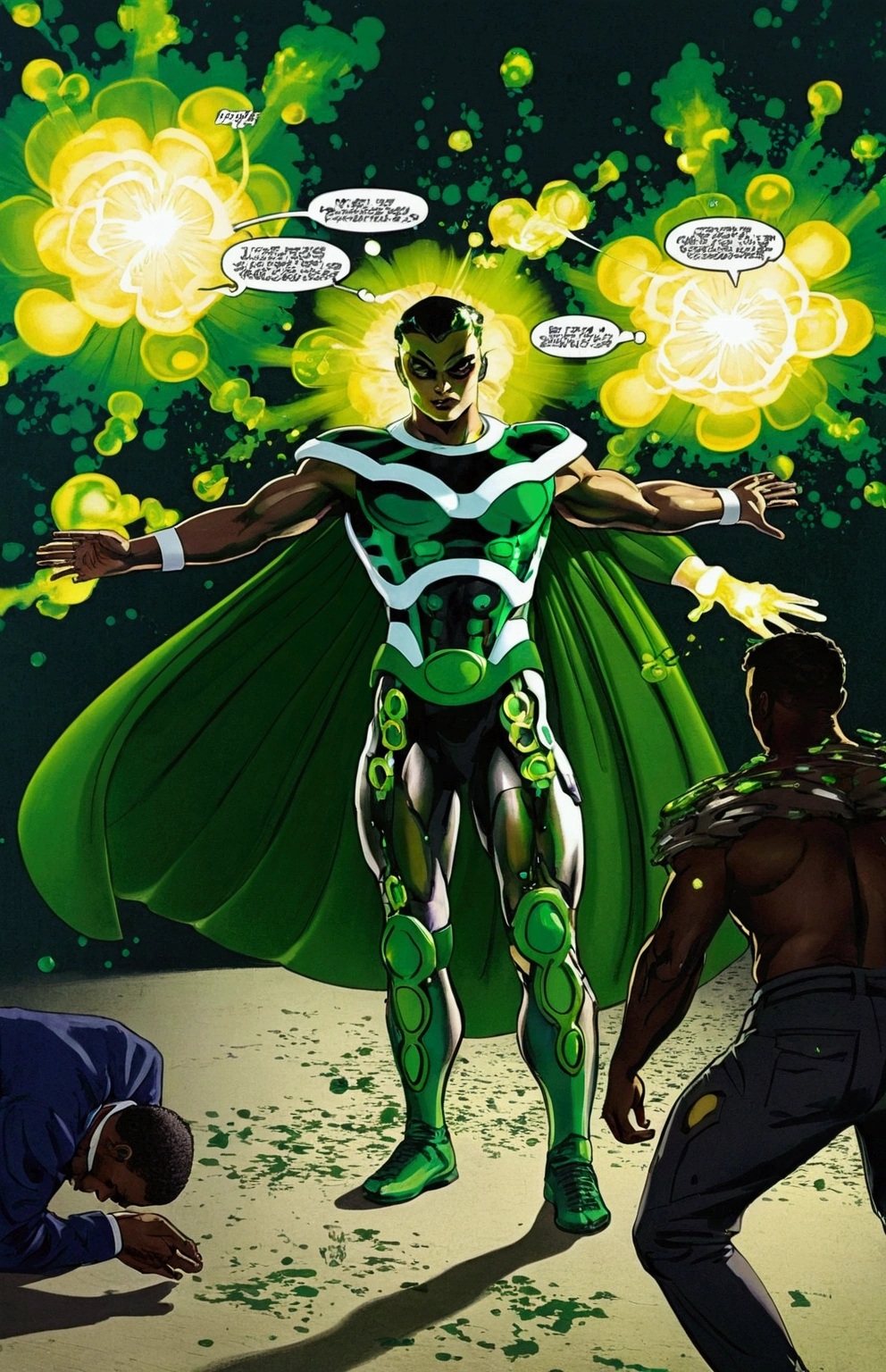Explosion, boy turning his back, green aura confused people
